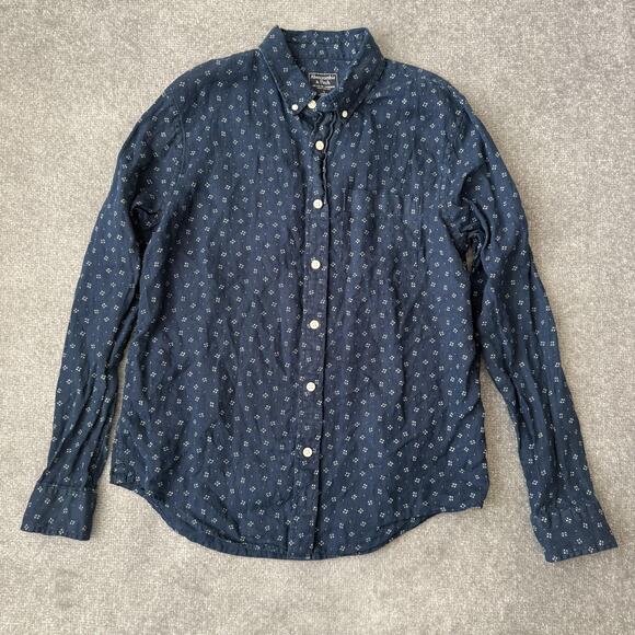 Abercrombie & Fitch Shirt Mens Large Navy Linen Button Down Long Sleeve Floral - Picture 1 of 7